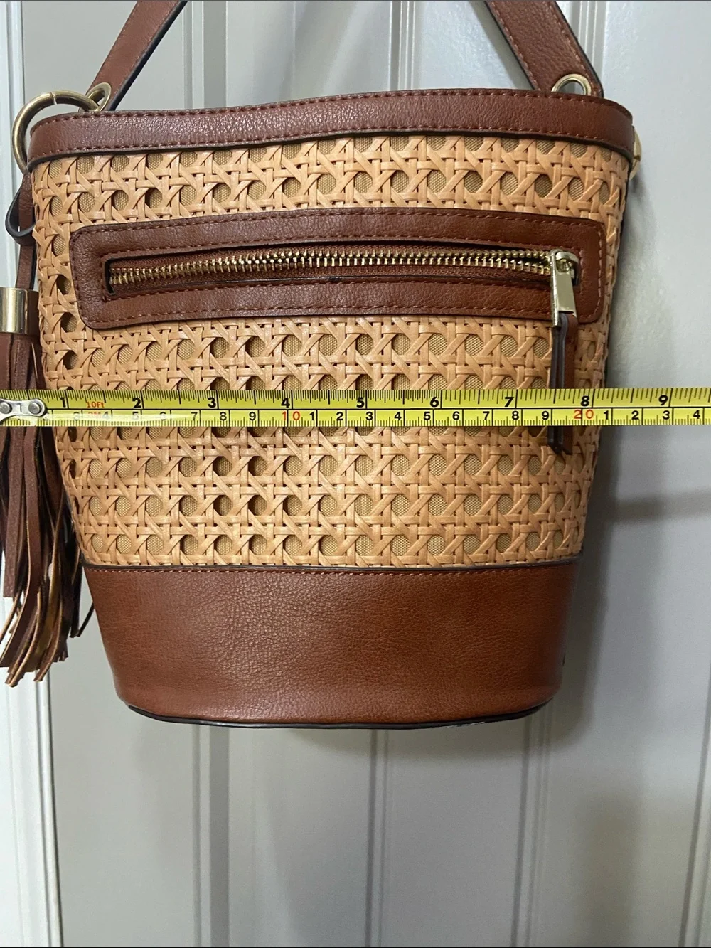Woven Rattan & Brown Leather Bucket Bag with Tassel